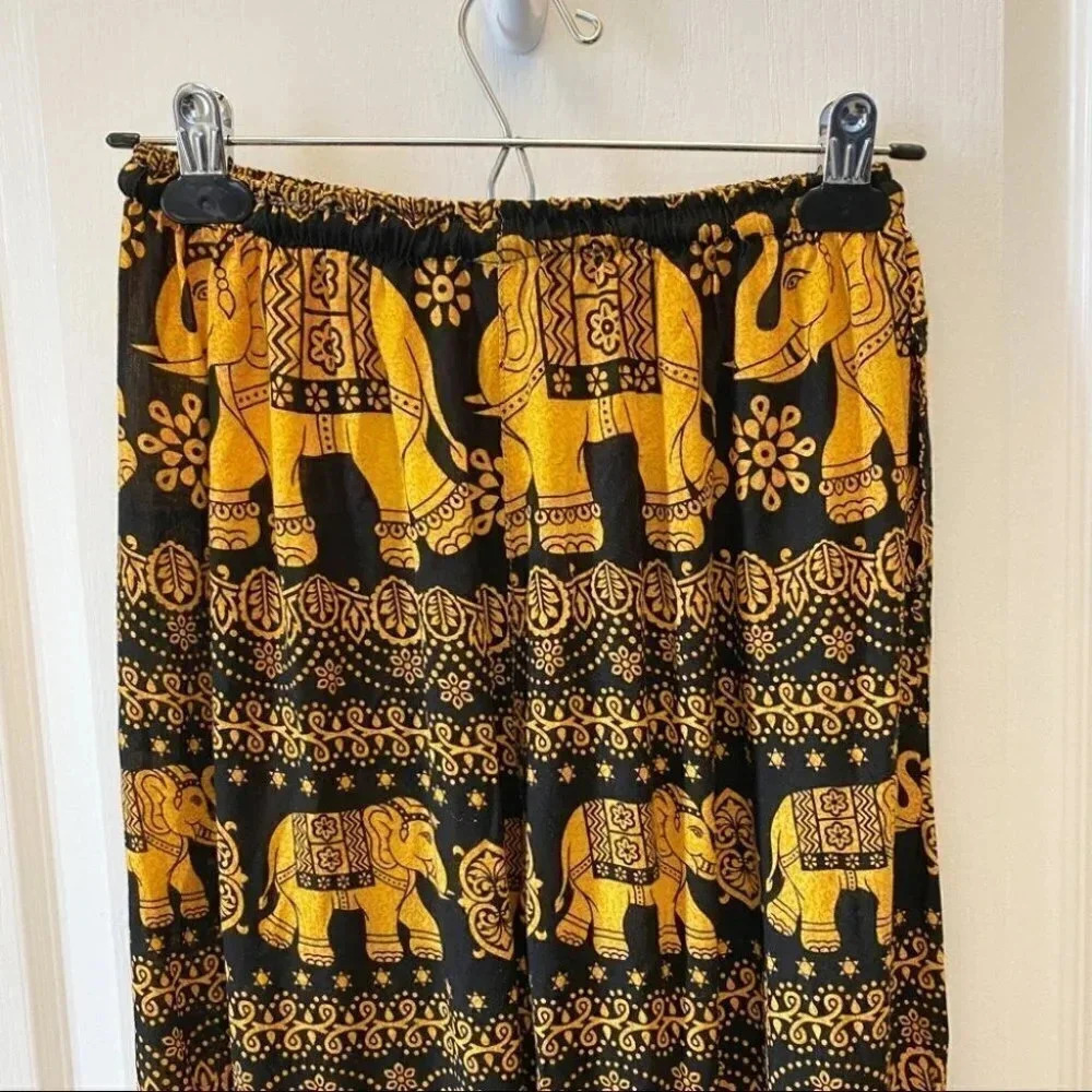 Black Gold Balloon Pants Flowy Draped Harem Joggers Elephant Print Size XS/S - Picture 9 of 15